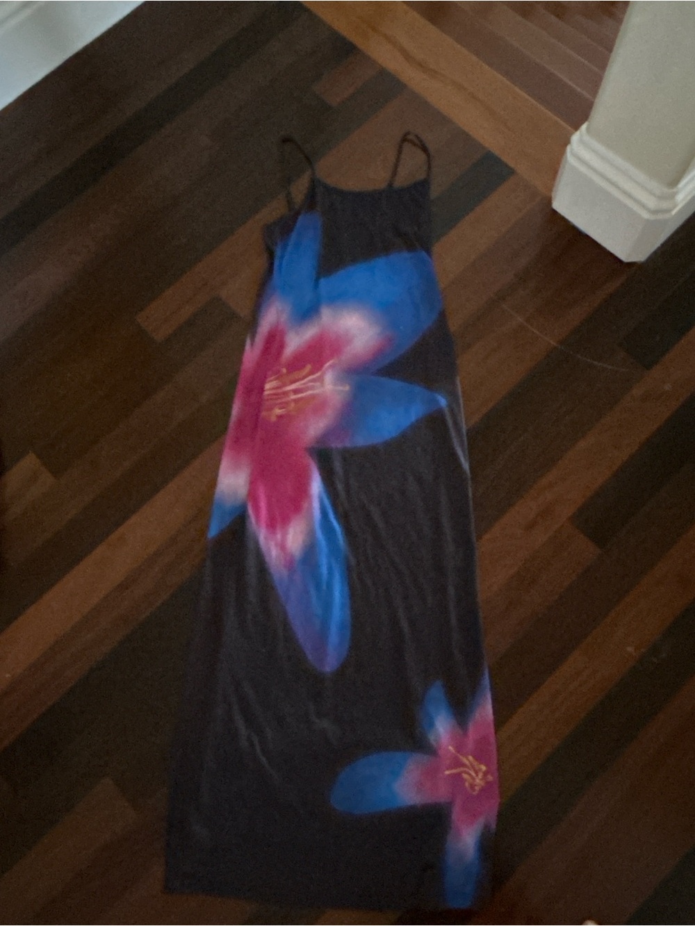 Black Floral Maxi Slip Dress with Pink & Blue Blooms